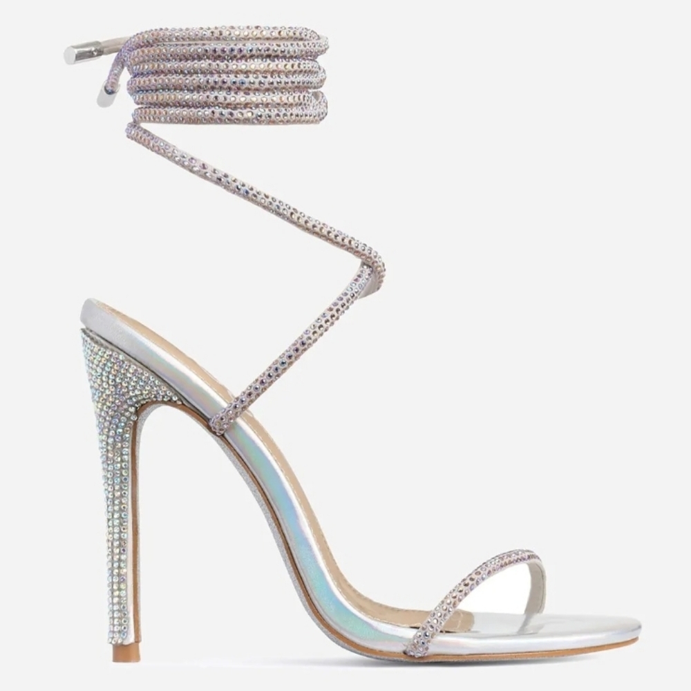 Silver rhinestone embellished lace up heels